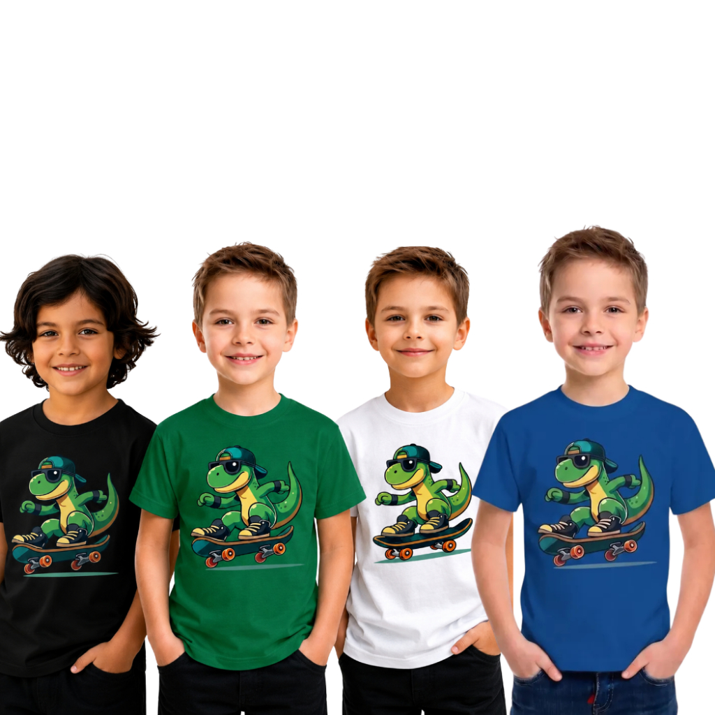 Camiseta Infantil Estampada Dinossauro Skate Manga Curta Estilo Casual Moderno Divertido Atemporal