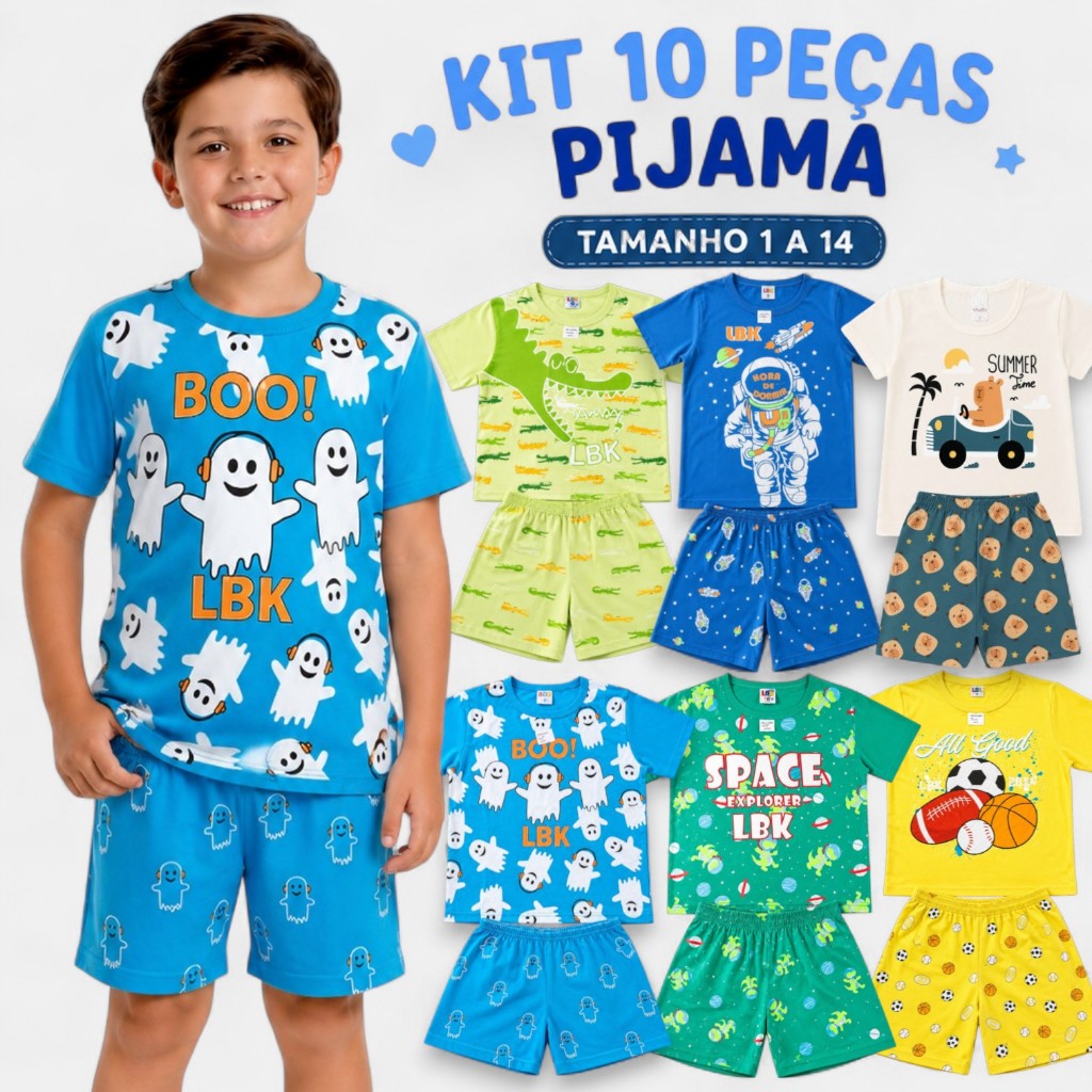 Kit 10 Peças Pijama Infantil Menino Curto Algodão Confortável Estampado Verão Tam. 1 ao 14