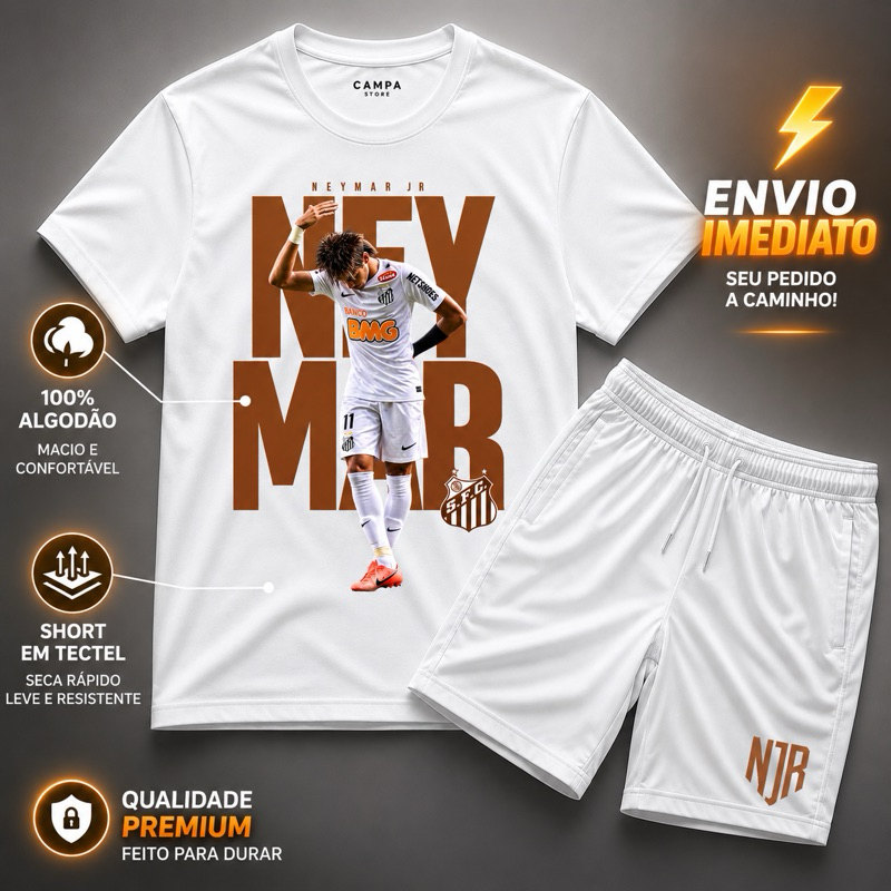 Conjunto Camisa E Short Neymar Algodão E Tectel Menino Ney Masculino Adulto E Infantil Fã De Futebol