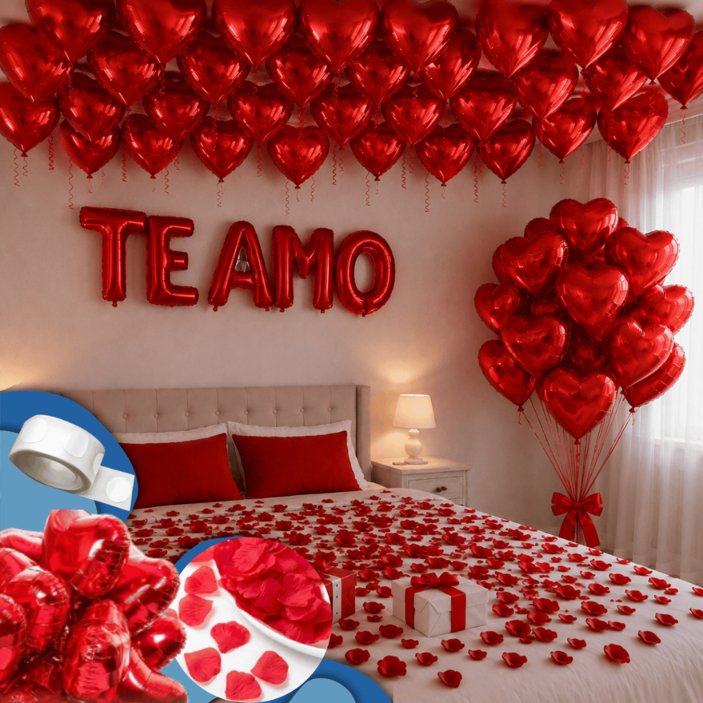 Kit Surpresa Romântica 500 Pétalas + 10/25/50 Balões Coração + Balão Te Amo Decoração Namorados Noivado Casamento