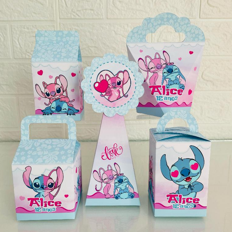 Kit Caixas Personalizadas stitch e angel, kit festa stitch e angel, caixinha lilo stitch, lembrancinha stitch