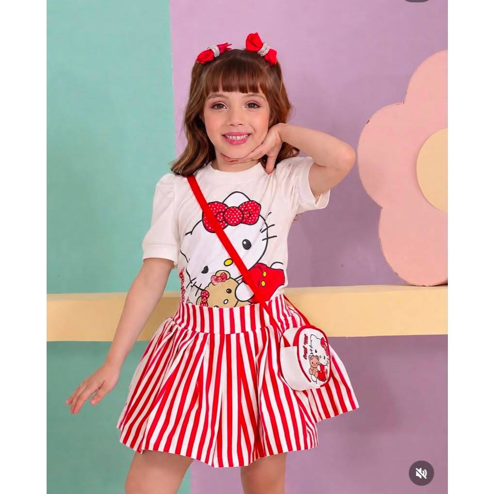 Conjunto Infantil Meninas Blusa Estampada Hello Kitty + Saia Listrada + Bolsinha Estilosa 2 á 10 Anos