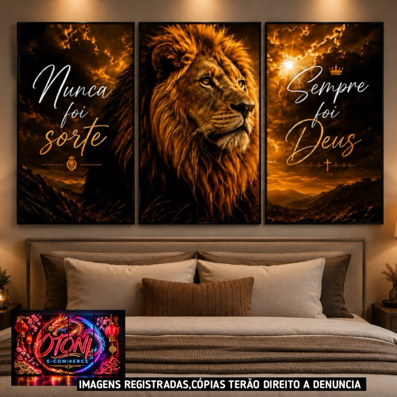 Quadros Decorativos Leão Majestoso Religioso Nunca Foi Sorte Sempre Foi Deus 3 Peças Decoração Sala Quarto Escritório