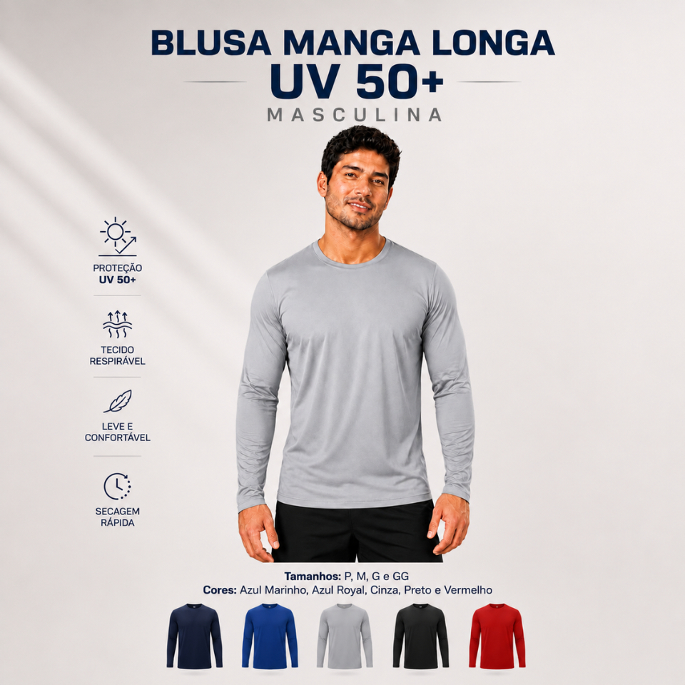 Camiseta UV Manga Longa Slim Proteção Solar 50+ Masculina Praia