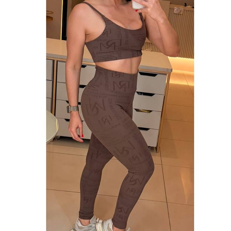 Conjunto Fitness Feminino Top + Legging Poliamida Compressão Cintura Alta UV Sem Transparência