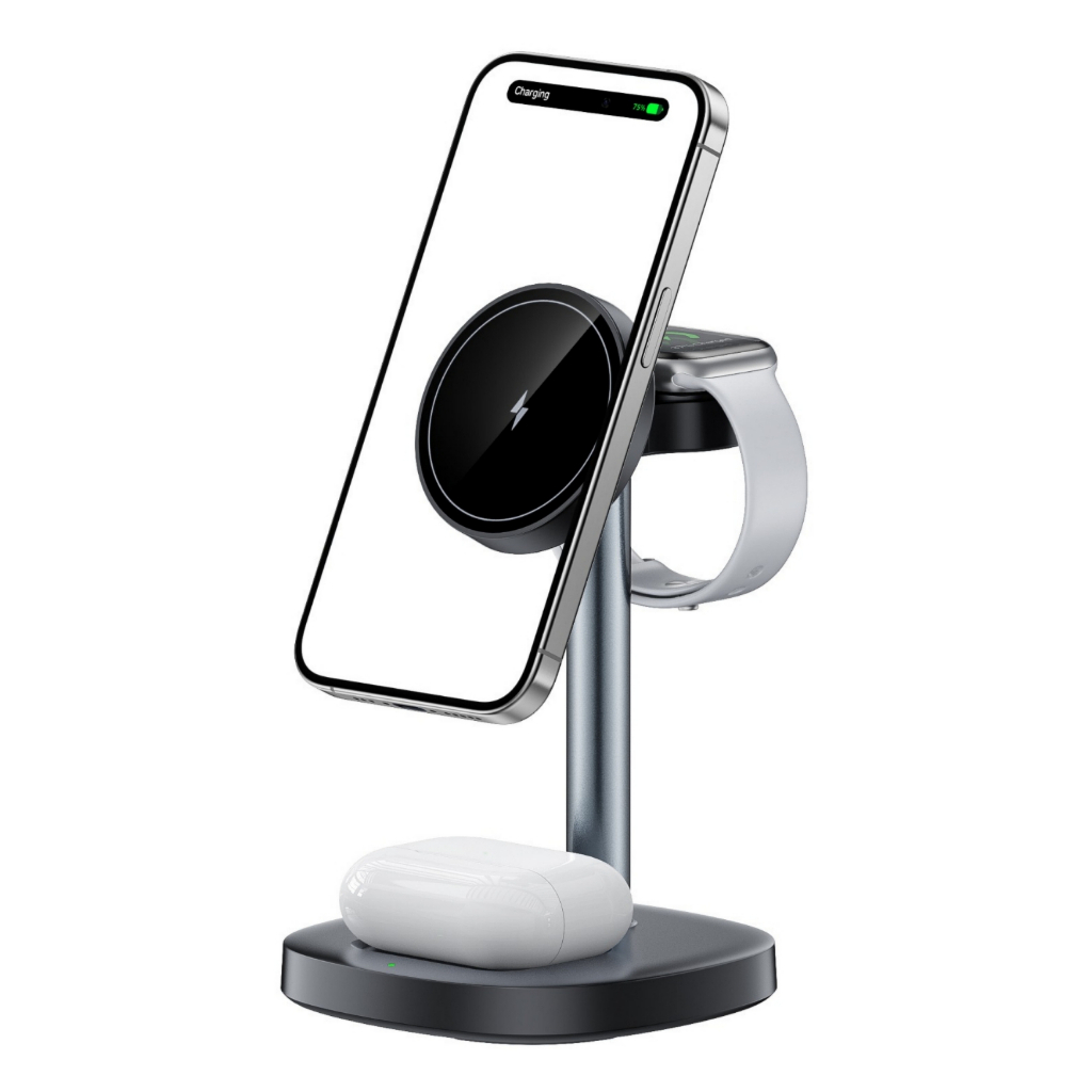 Suporte Carregador Sem Fio Magnético 3 em 1 15W Anatel para Celular Smartwatch e Fone