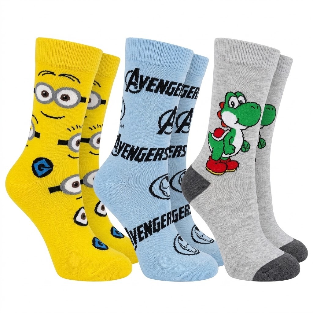 Kit Meias Infantil de Algodão Estampadas Cano Médio Personagens Sortidos para Meninos Ideal para Escola Confortaveis