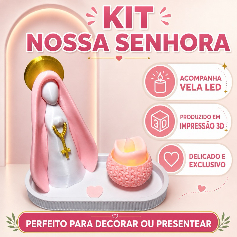 Kit Nossa Senhora Aparecida Porta Terço + Vela LED | Presente Religioso Católico