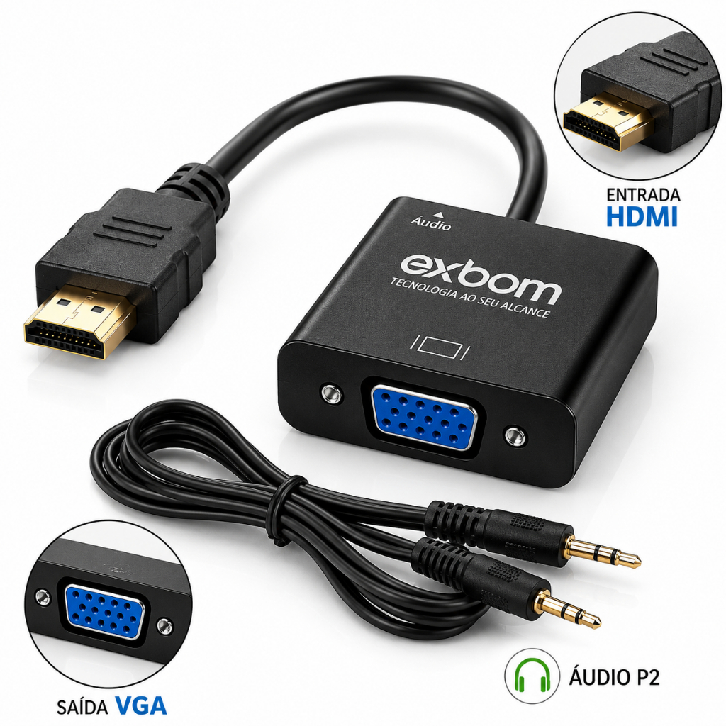 Cabo Adaptador Conversor HDMI para VGA Exbom 1080p Áudio Vídeo 20cm Preto