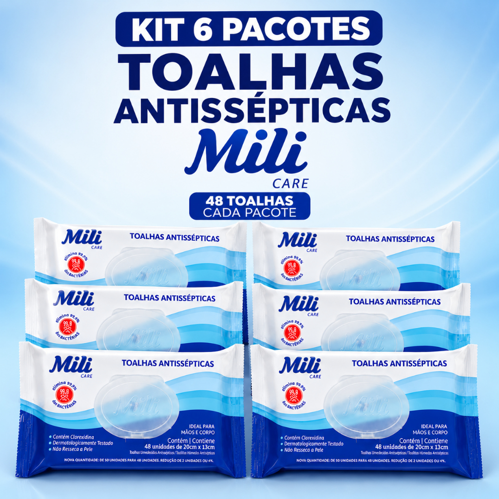 Kit 6 Pacotes de Lenços Umedecidos Toalhas Antissépticas Umedecidas Mili 288 Unidades