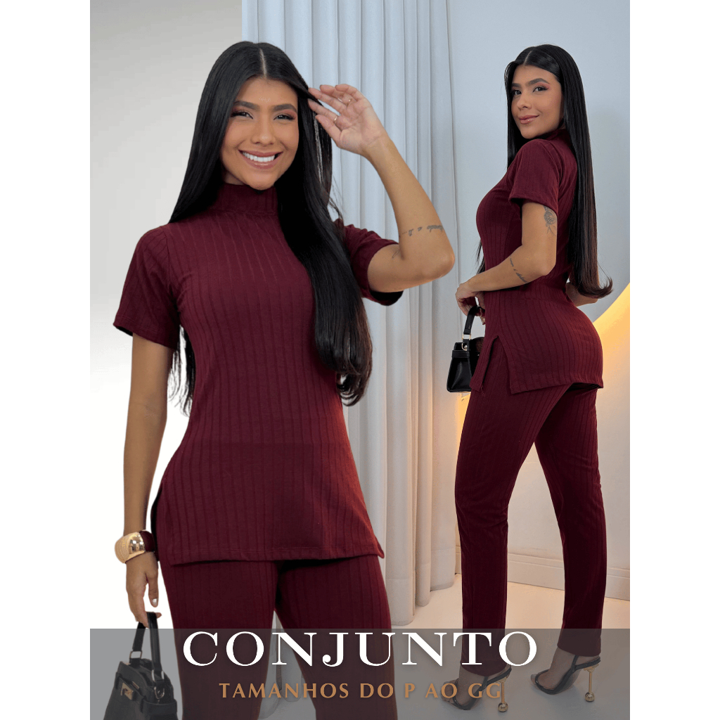 Conjunto Feminino Canelado Calça e Blusa com Fenda Tampa Bumbum Malha Com Elastano Confortável e Elegante