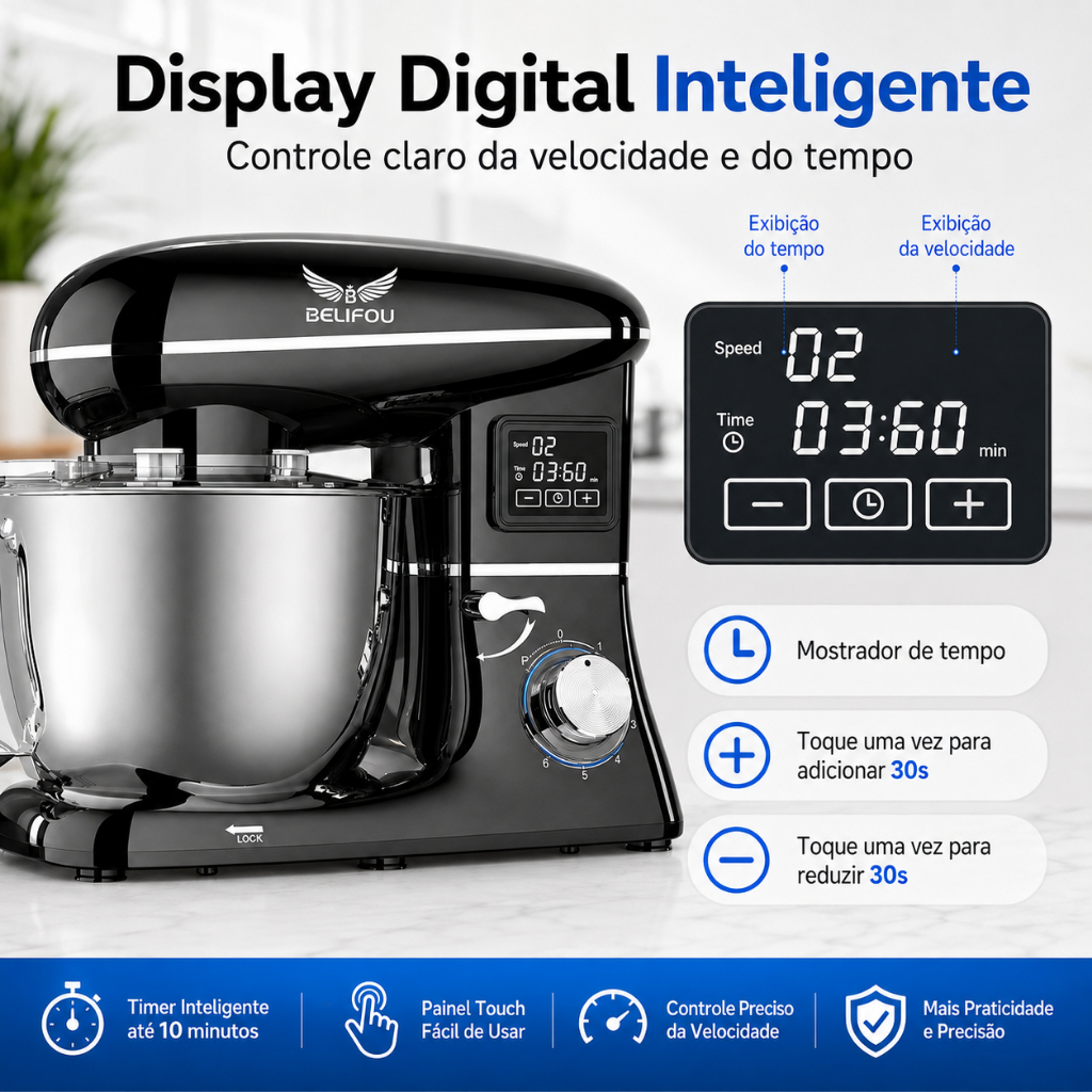Batedeira Planetária 3 em 1 Belifou 1900W Tigela Inox 6,2L com Timer LED 6 Velocidades e Pulse