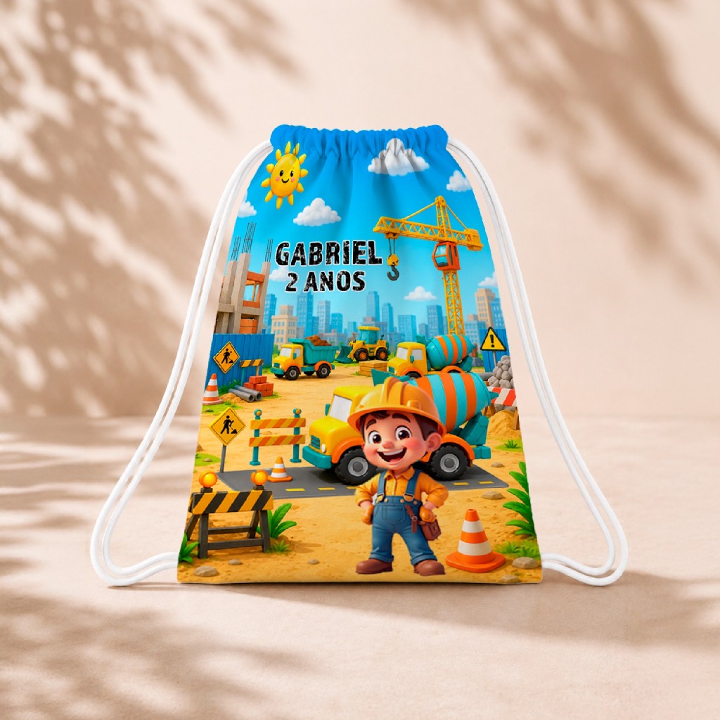 10 Mochila Personalizada Infantil 18x26 Sacolinhas Surpresa Festa Aniversário Lembrancinha Construção Trator Maquinas