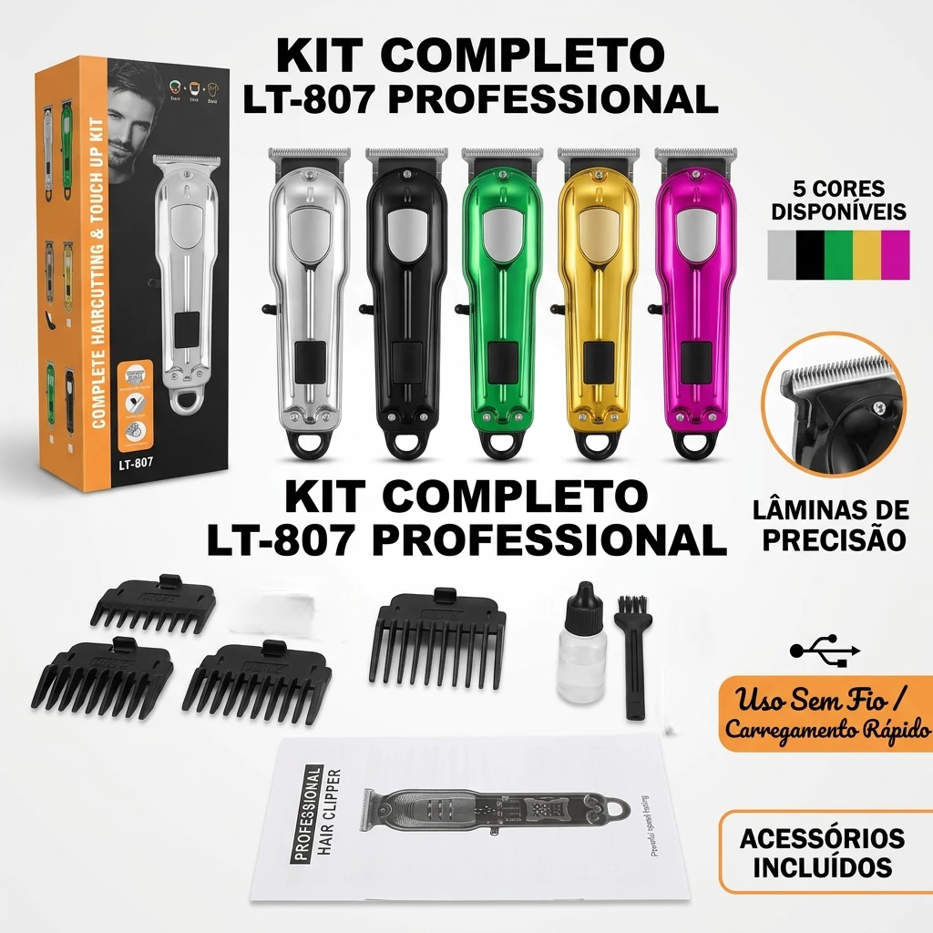 Maquina De Cortar Cabelo Profissional LT807 Barbeiro Kit Completo Com Pentes Recarregável — imagem 1