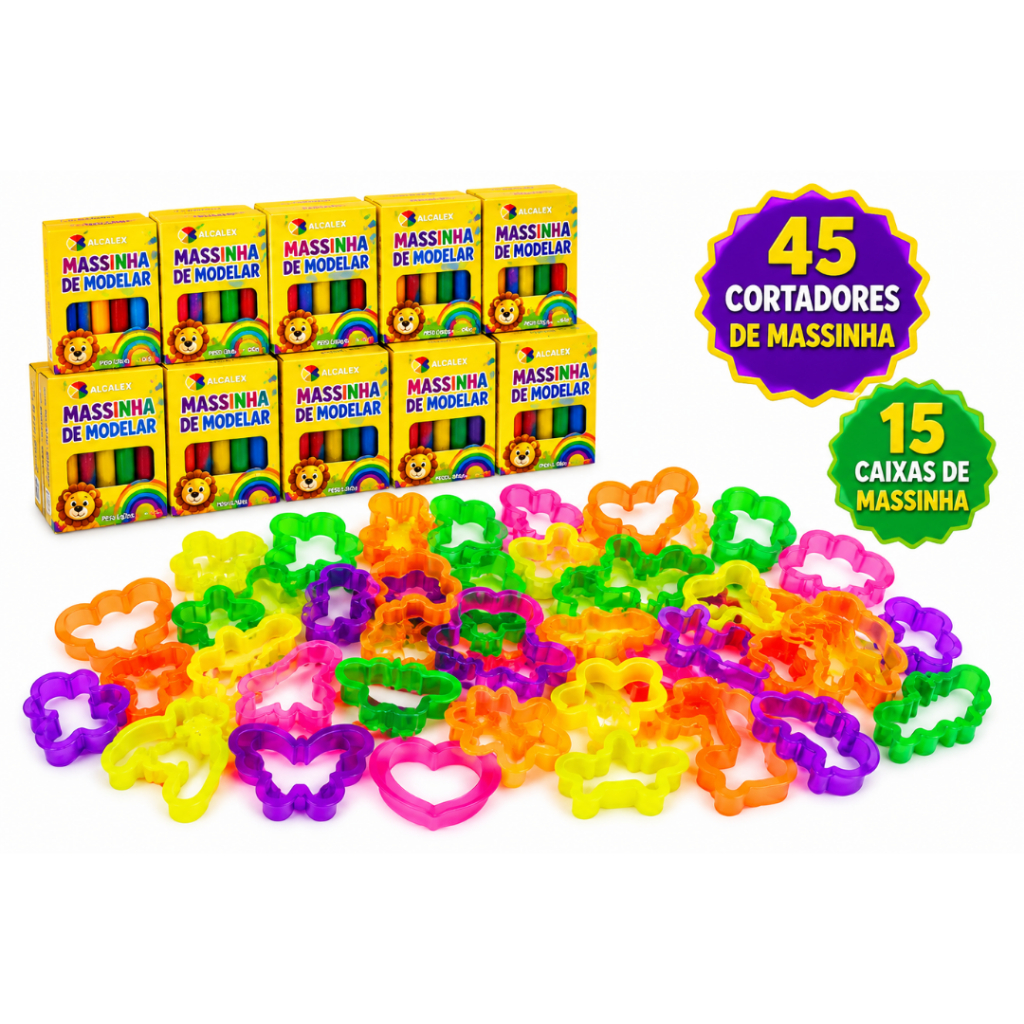 Kit 45 Forminha Cortador de Modelar Animais + 15 Cx Massinha Colorido Brinquedo Infantil Lembracinha
