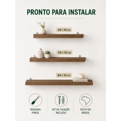 Kit 3 Prateleiras de Madeira Pinus 40 50 60cm com Suportes para Parede Natural ou Envelhecida