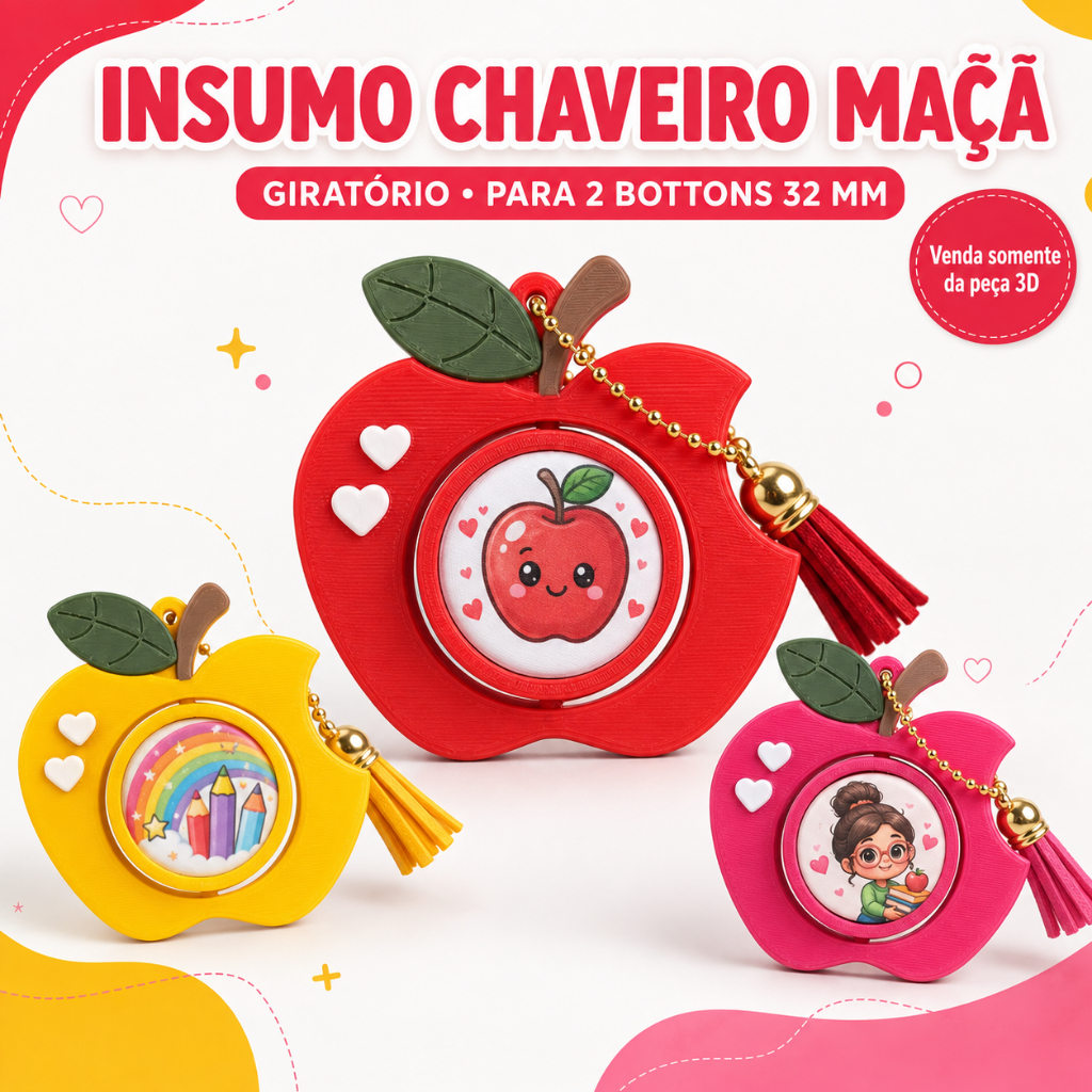 Kit de Insumos Chaveiro Maçã Giratório para Bottons de 32 mm Dia Dos Professores