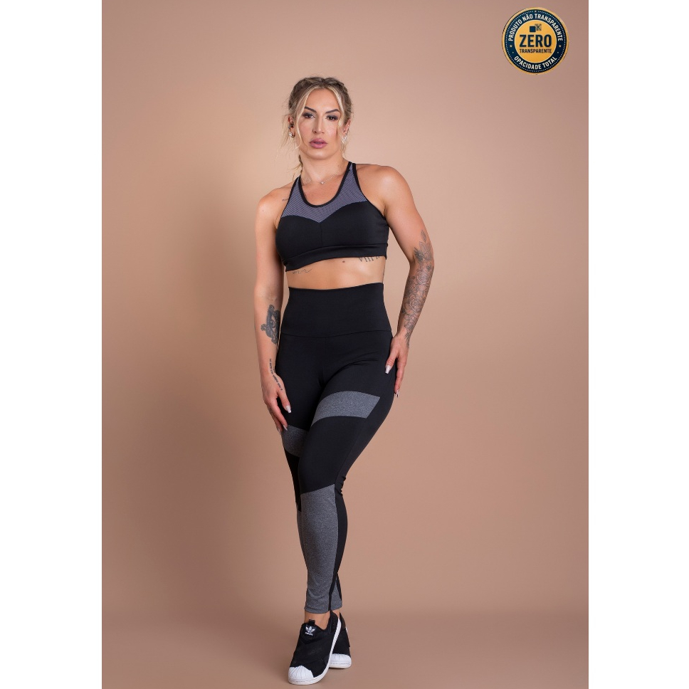 Conjunto Fitness Feminino Calça Legging Cintura Alta Detalhe Perna E Top Nadador Tela Academia ZERO TRANSPARÊNCIA