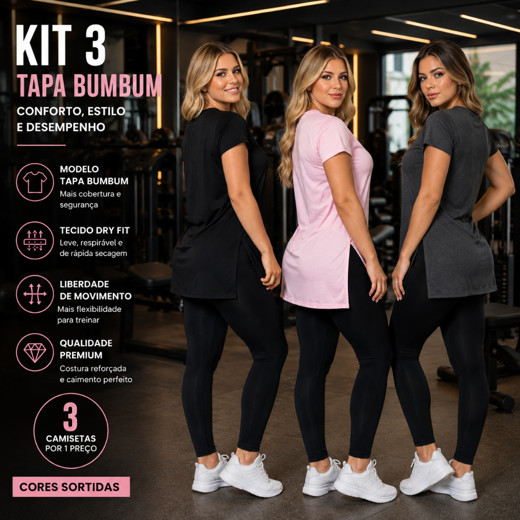 3 Blusas Feminina Academia Dry Fit Camisa Musculação Caminhada  Treino camiseta tapa bum bum