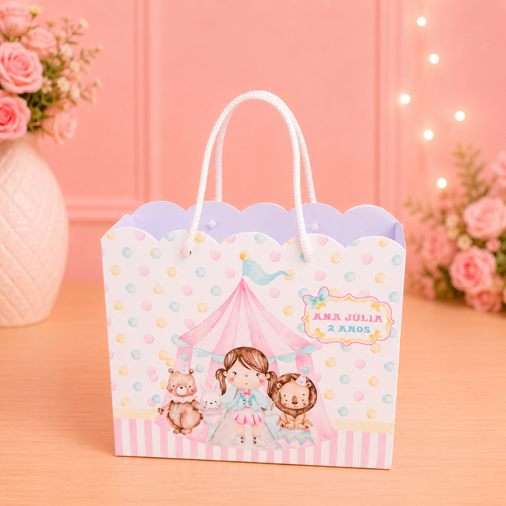 Sacolinha personalizada Circo Rosa lembrancinhas kit festa caixinhas mimos infantil Papelaria Personalizada
