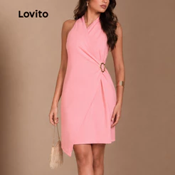 Lovito Vestido Curto Assimetrico Gola V Basico Feminino DRB962BRL992
