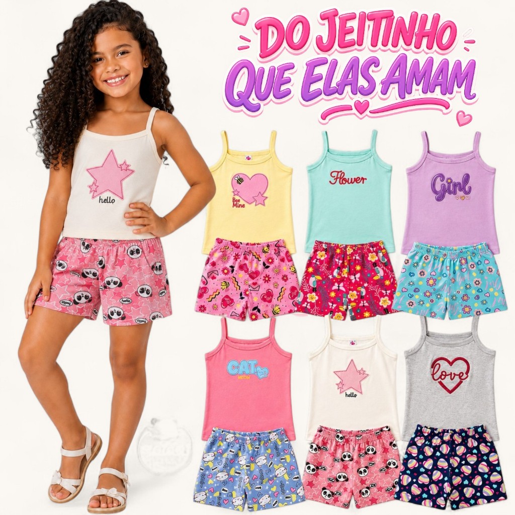 Kit 10 Peças Verão Menina Blusa Bordada Alça e Shorts Estampado 1 ao 16 Infantil Juvenil Menina
