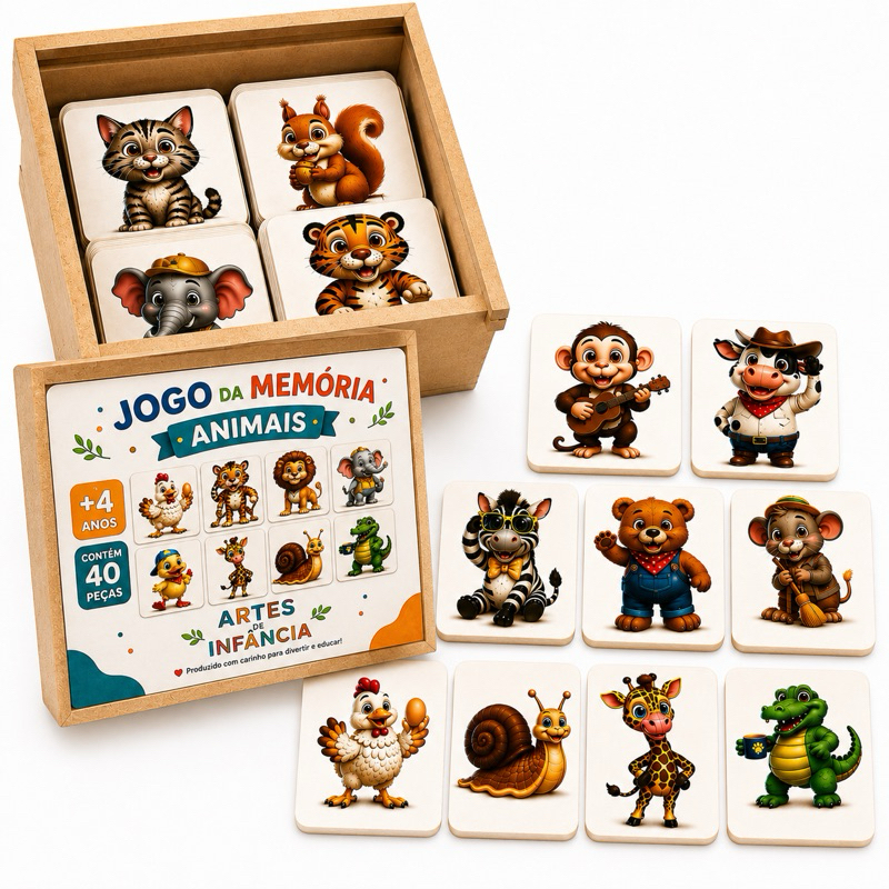 Jogo da Memória Infantil Animais 40 Peças MDF Educativo Lúdico