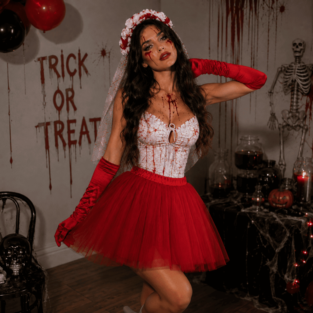 Fantasia Halloween Caveira Mexicana Frida Flores Noiva Véu Sangue Festa Cosplay Dia dos Mortos Kit Dia das Bruxas