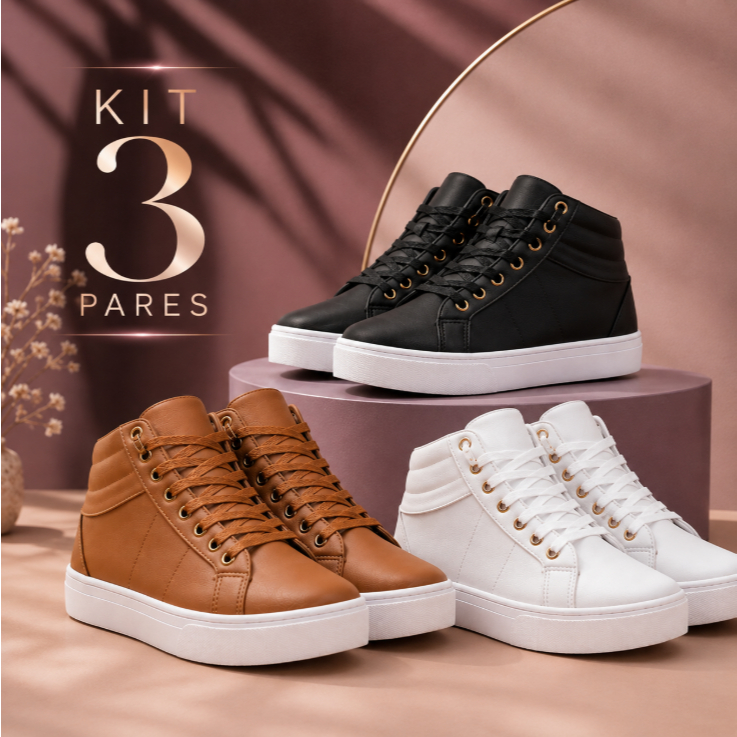 Kit 3 Pares Botinha Feminina Cano Médio Casual Estilo Urbano Confortável Promoção
