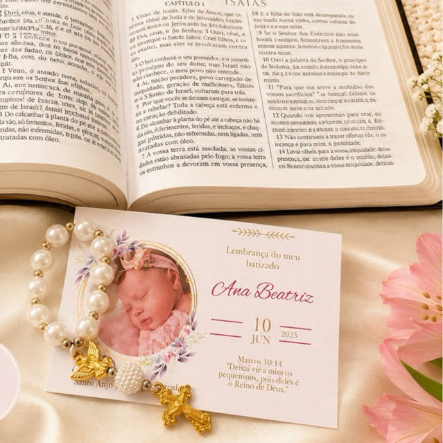 Lembrança de Batizado Personalizada com Mini Terço e Foto | Lembrancinha Batizado Infantil