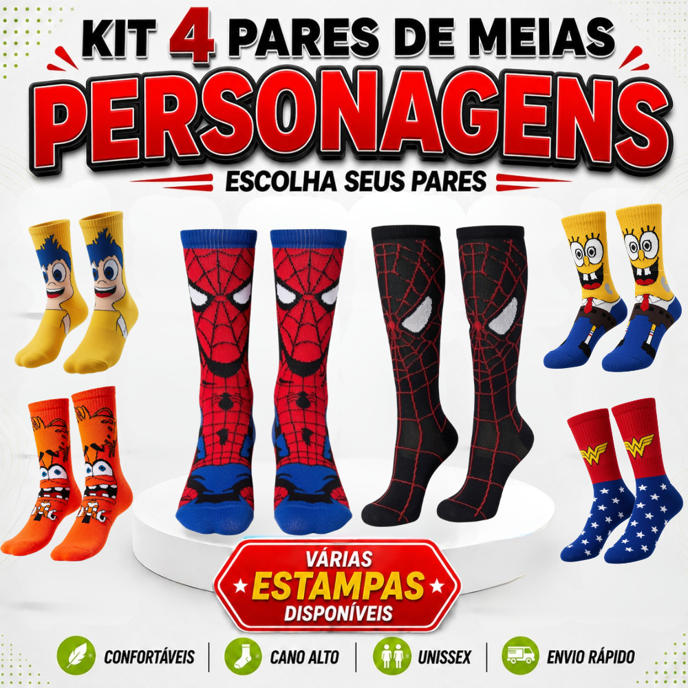 Kit 4 Pares Meias Divertidas Personagens Cano Alto Unissex Confortáveis Estampadas.