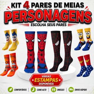 Kit 4 Pares Meias Divertidas Personagens Cano Alto Unissex Confortáveis Estampadas.