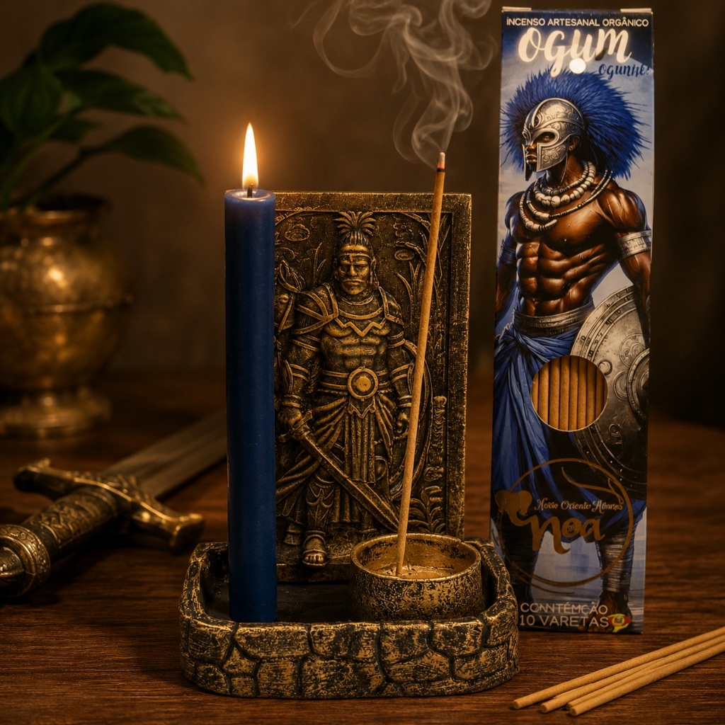 Incensário Orixá Ogum Com Porta Incenso Porta Vela Altar Umbanda Candomblé Resina Decorativo — imagem 2 de 2