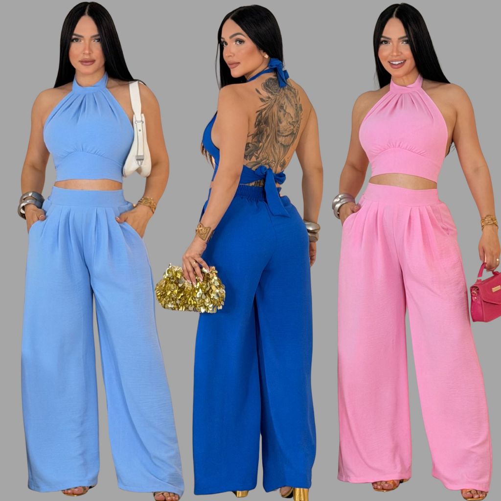 Conjunto Feminino Calça Pantalona Cropped Frente Única com Amarração nas Costas