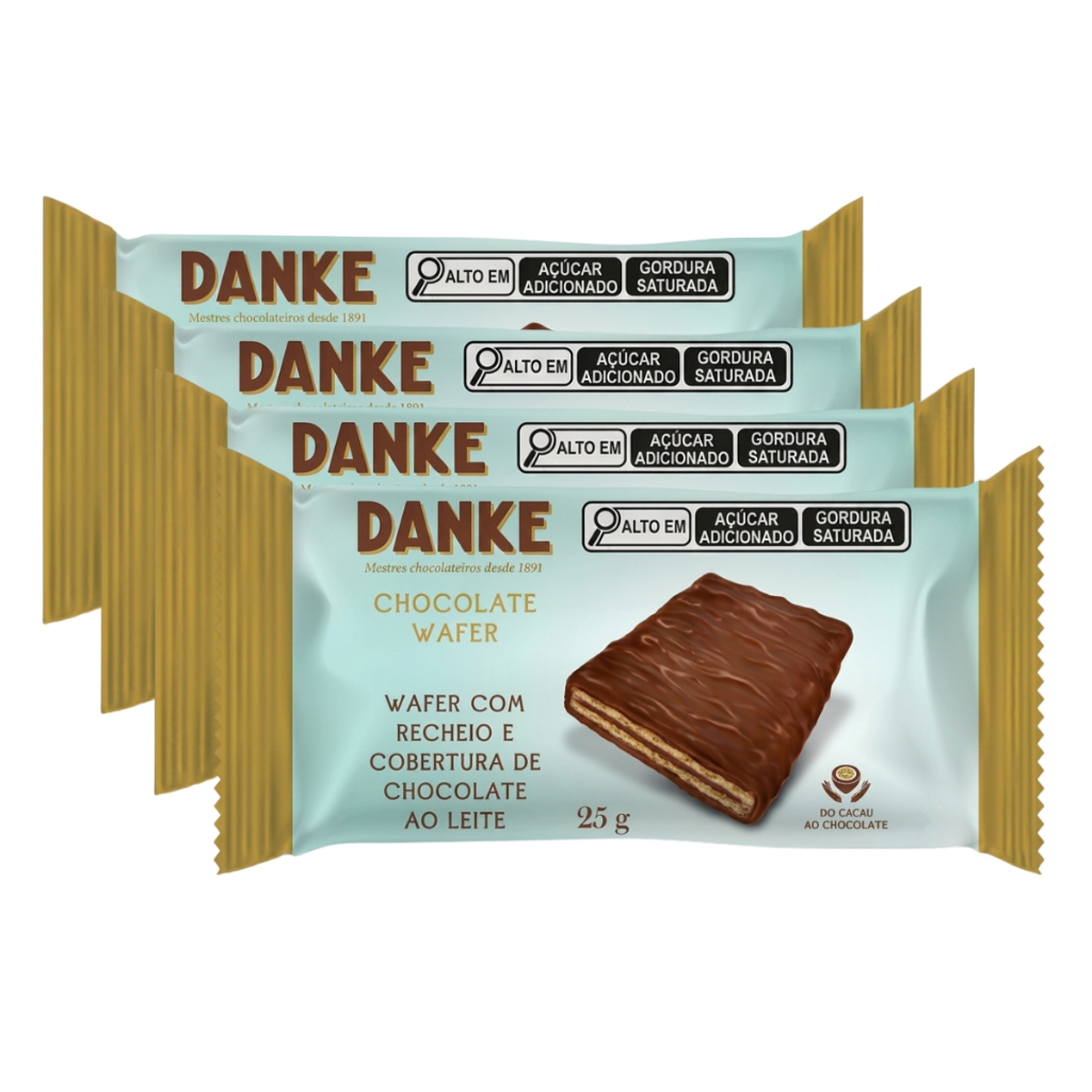 Kit 4un Wafer Danke Recheio e Cobertura Chocolate ao Leite 25g