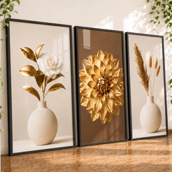 Quadro Decorativos Trio Moderno Exclusivo Flores Rosa Branco Dourado para Sala Hall
