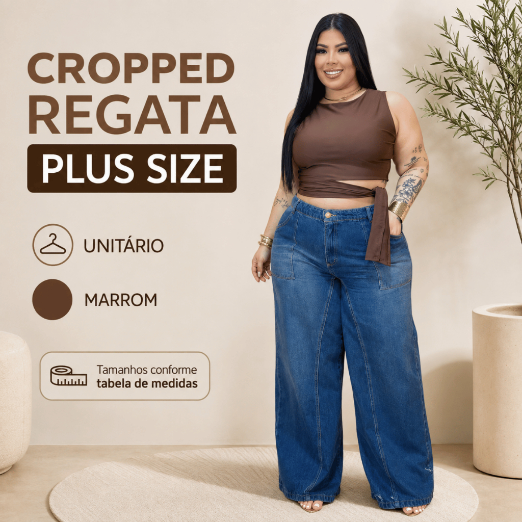 Cropped Feminino Plus Size Regata com Amarração na Cintura Preto Marrom Branco G1 ao G3