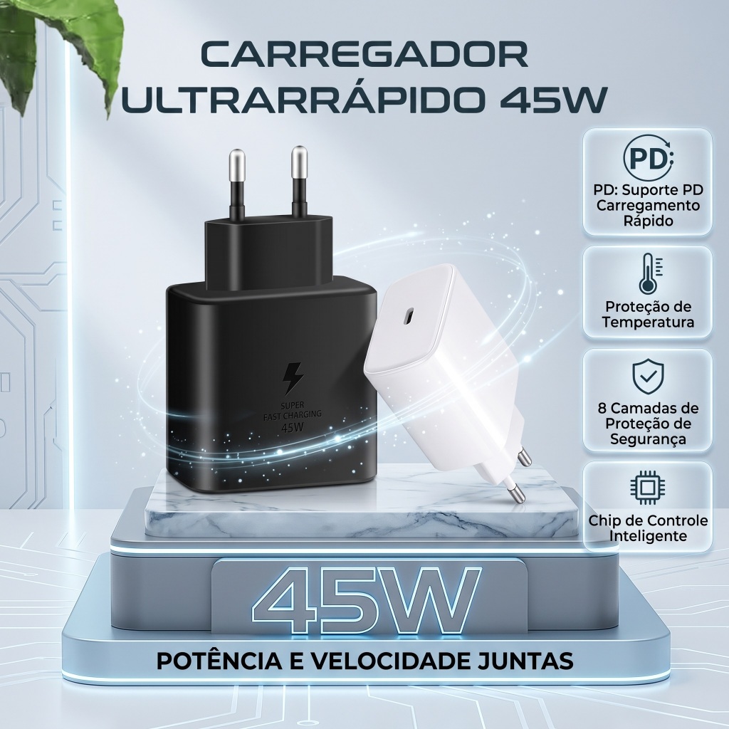 Carregador Turbo 45W USB-C Carregamento 3x Mais Rápido com Cabo Tipo-C 1 Metro para galaxy