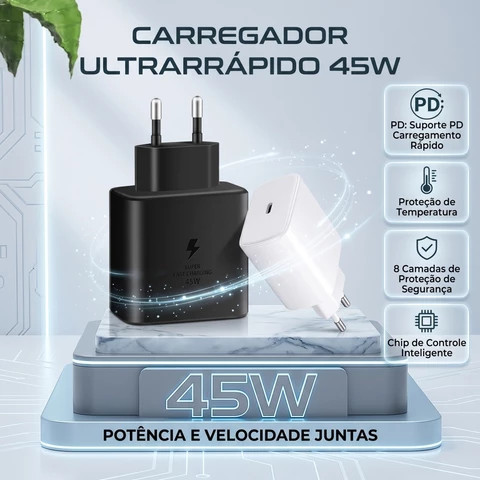 Carregador Turbo 45W USB-C Carregamento  Rápido com Cabo Tipo-C 1 Metro para Android galaxy