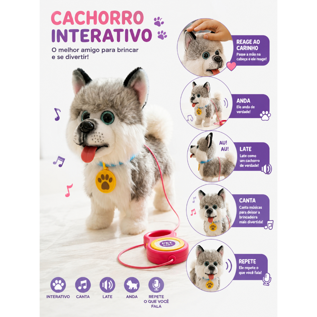 Cachorro Interativo Eletrônico Anda, Late, Canta e Repete Voz – Brinquedo Infantil Pet Interativo