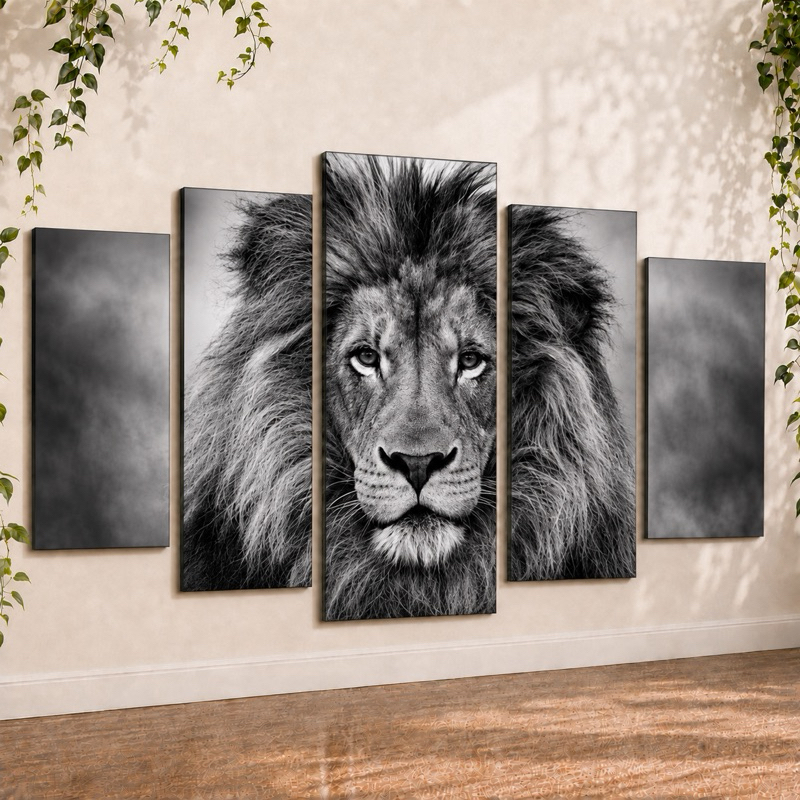 Quadro De Parede Decorativo 5 Peças Leão Cinza Sala Quarto