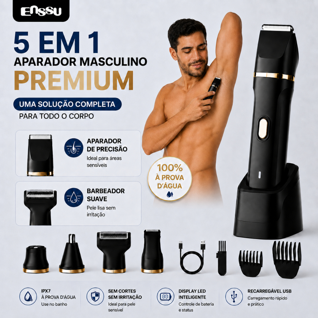 Aparador Masculino 5 em 1 Corpo Inteiro Lavável IPX7 Barbeador Elétrico Sem Fio USB para Barba e Pelos