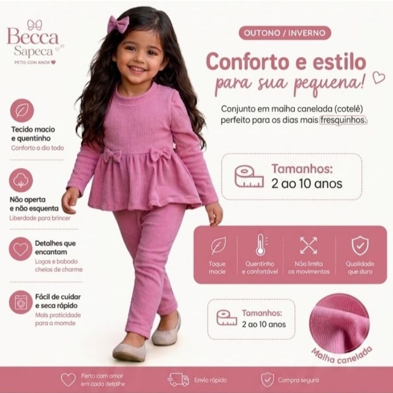 Conjunto Menina Infantil Canelado Macio com Babado e Laço confortável