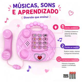 Telefone Musical Infantil Rosa Brinquedo Meninas Educativo som e luzes aprendizado com Pilha