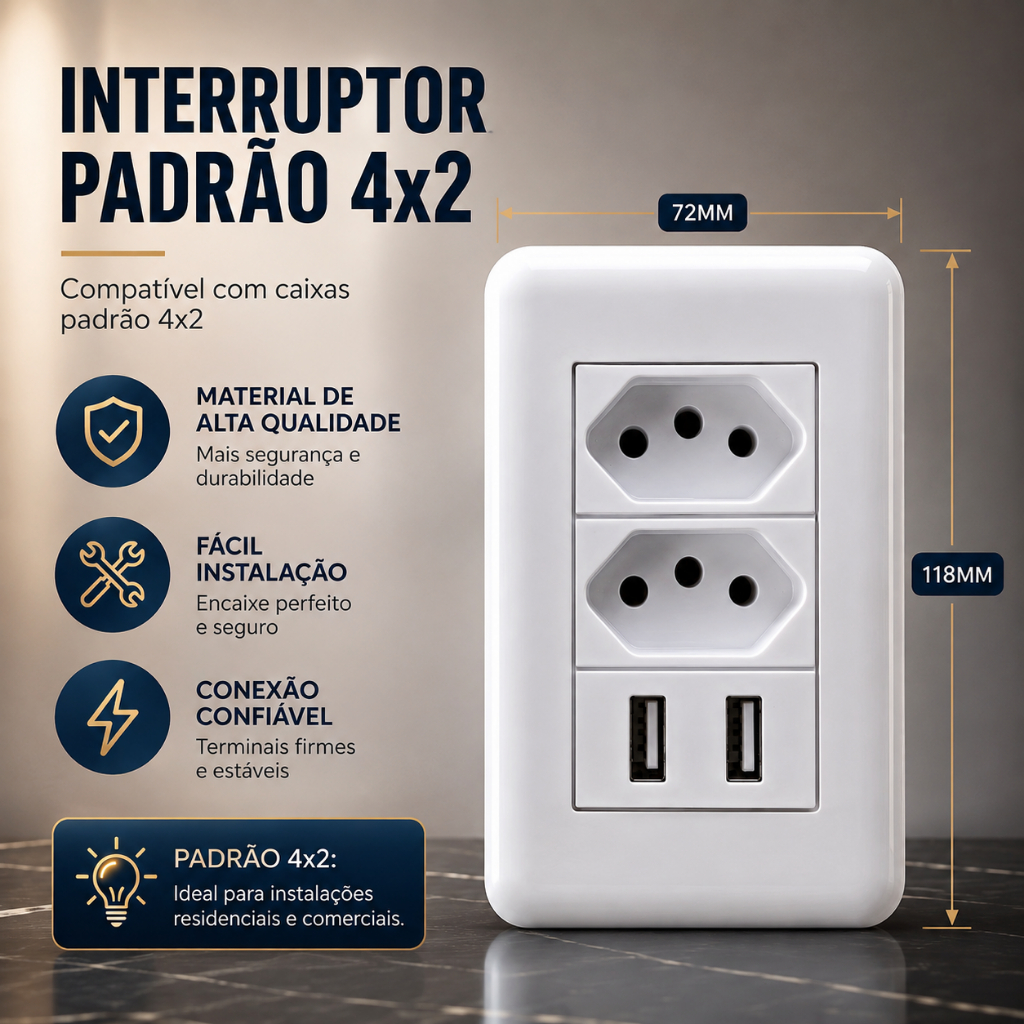 Tomada De Parede Espelho 4x2 com 2 USB (USB-A / Type-C) + 2 Tomadas 10A Bivolt