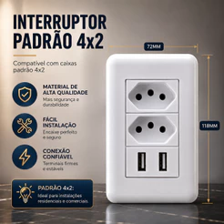 Tomada De Parede Espelho 4x2 com 2 USB (USB-A / Type-C) + 2 Tomadas 10A Bivolt