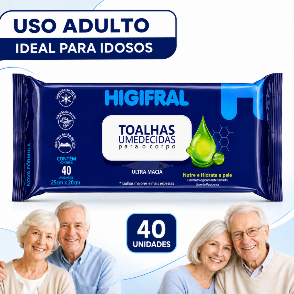 Kit Pacote Lenço Umedecido Hipoalergênico Toalhinha Higiene Adulto Idoso Toalha Grossa Macia com 40 Folhas Higifral