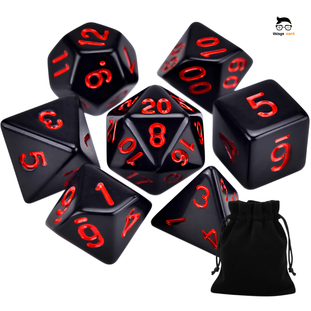 Kit 7 Dados RPG de Mesa Preto Vermelho Poliédrico D4 D6 D8 D10 D10% D12 D20 D&D Dungeons and Dragons
