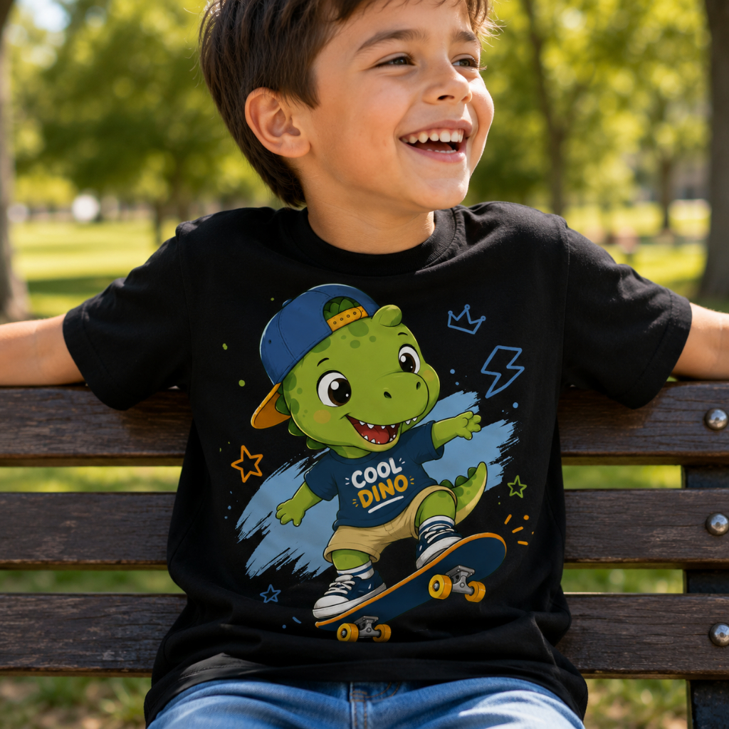 Camiseta Infantil Masculina Dinossauro Skatista Menino 100% Algodão Confortável Estampada Dino Skate