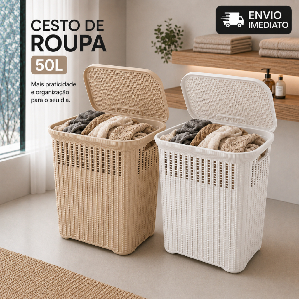 Cesto de Roupas Sujas Rattan 50L com Tampa Basculante